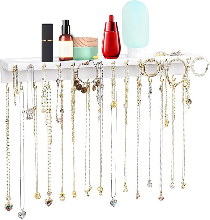 YYILIS Necklace Holder, Upgraded Extra Large Wall Necklace Organizer | 30 Hooks Wall Mounted Necklace Hanger with Jewelry Tray / Cosmetics Shelf Rustic Pine Wood Holder (White)