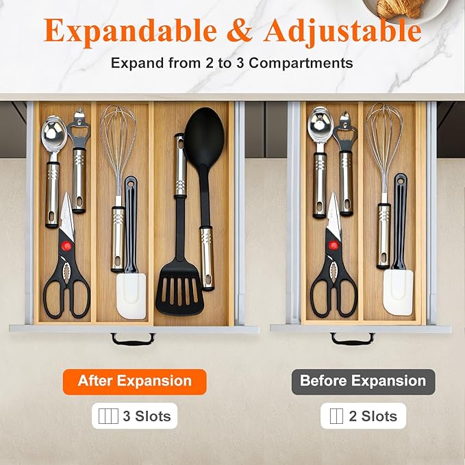 Large Bamboo Kitchen Utensil Drawer Organizer Expandable Silverware Tray | Big Cooking Utensil Drawer Divider Spoon Flatware Organizer Storage Adjustable Wooden Cutlery Holder Tool Knife Spatula Tray