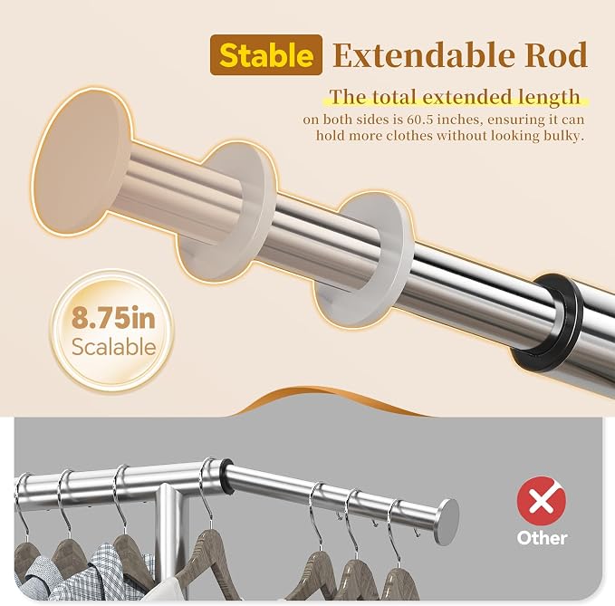 Simple Trending Heavy Duty Clothes Rack, Garment Rack with Extendable Side Rods & Bottom Shelves, 25mm Metal Clothing Rack with Wheels, Bedroom, Laundry Room, Silver