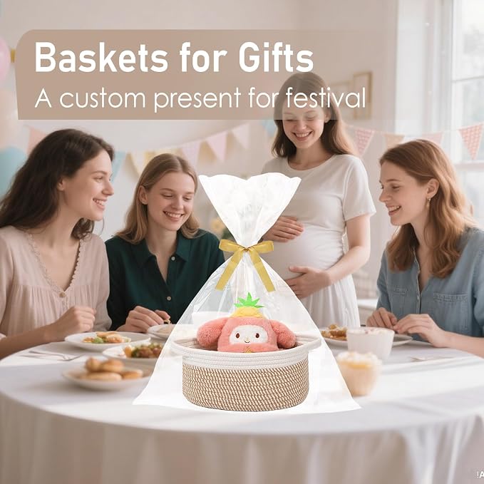 JMvicyroam Small Woven Basket, Empty Gift Basket, White&Brown Block/2 Pack | Small Gift Basket, Cotton Rope, 12 x 8 x 85 in, Handles, Includes Ribbon and Bag, Birthday Gift Basket
