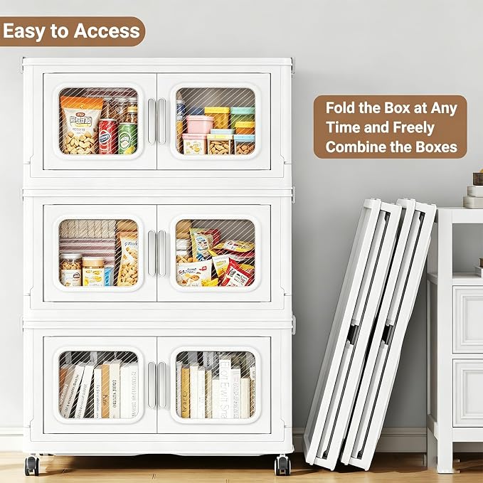 BROVIEW 200 Qt/50 Gal Stackable Storage Bins with Lids, 4 Pack, White | Small Stackable Storage Boxes w/ 4 Lid Folding Plastic Cart Organizer for Home Kitchen, Open Front Clear Door with Wheels