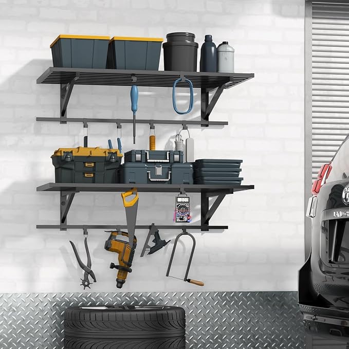2-Pack 2x4ft Garage Shelving Wall Mounted, 500LBS with 12 Hooks | Garage Storage Shelves, Floating Design, Heavy Duty, Large Capacity, Sturdy Construction, Space Saving, Easy Install