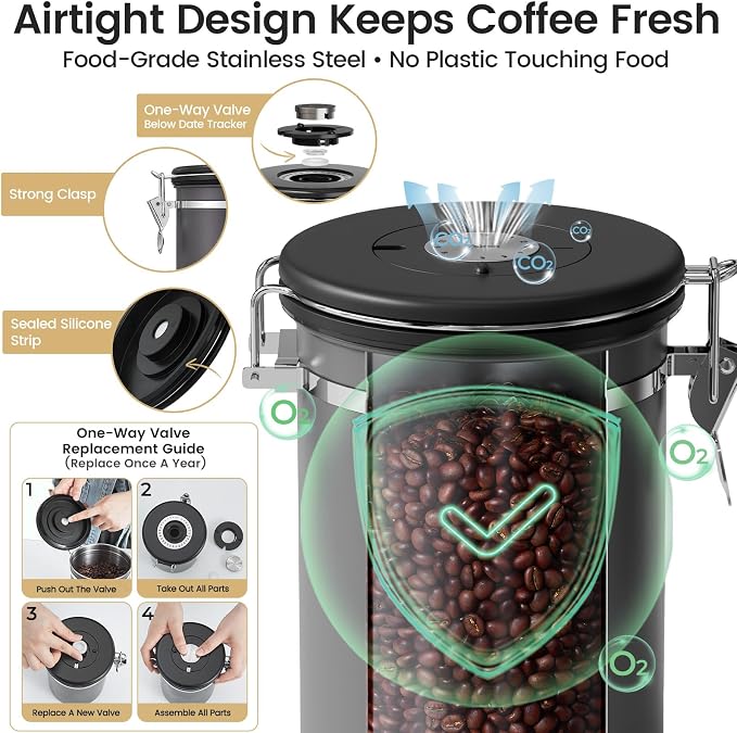 Veken Coffee Canister with Window,Airtight Stainless Steel Kitchen Food Storage Container, Date Tracker & Scoop for Grounds Coffee, Beans, Tea, Flour, Cereal,Sugar,22OZ,Grey (Pack of 2)