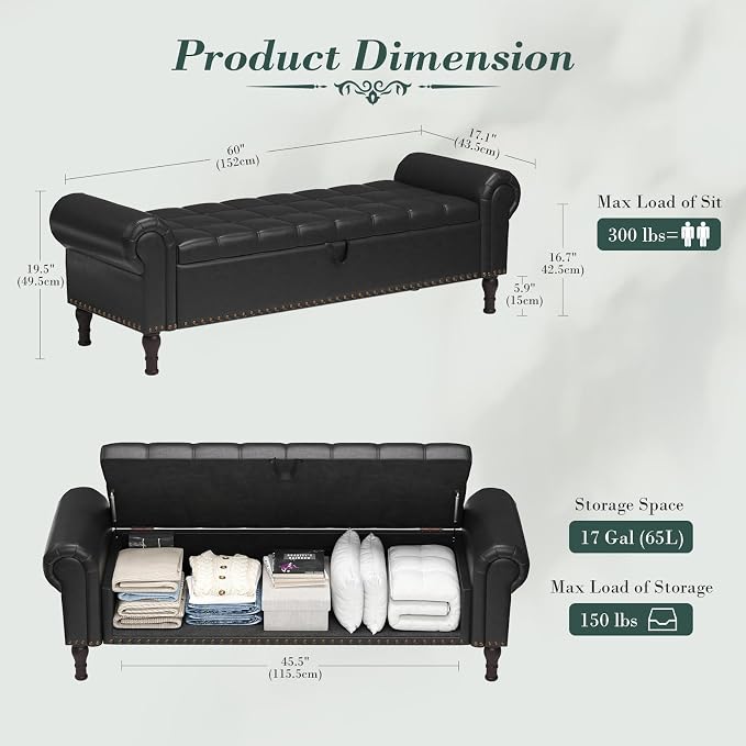 Apicizon 60” Bench with Storage, Queen Size Faux Leather End of Bed Bench with Tufted Button, Ottoman Bench with Rolled Arms & Vintage Rivets for Foot of Bed, Living Room, Entrance, Black