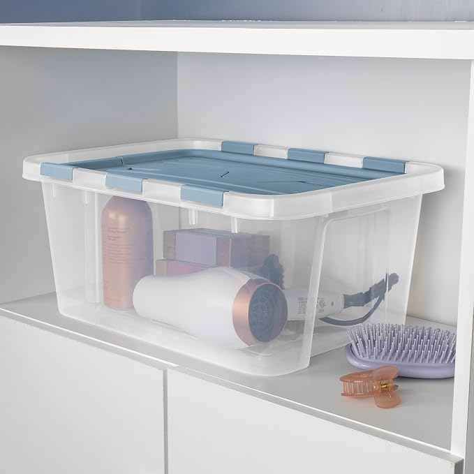 Sterilite Hinged Lid Storage Box Plastic Container, 20 Quart, 12-Pack | Washed Blue - Home Organizer Tote for Storing Shoes, Crafts, Clothing, or Decor
