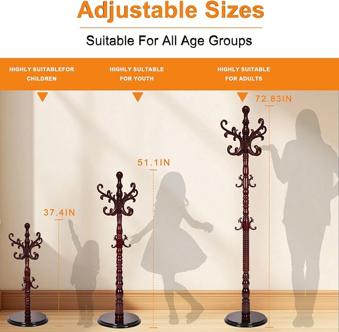 Wooden Coat Rack Stand, Coat Rack Freestanding with Sturdy Round Base, Adjustable Height Tree Coat Racks Stand for Home Bedroom Hallway Entryway Office