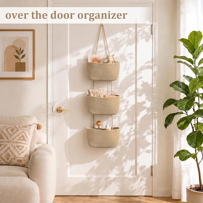 TeoKJ Over the Door Hanging Basket, 3-Tier Woven Cotton Wall-Mounted Storage Organizer Bag Decorative Hanging Nursery Baskets, Jute
