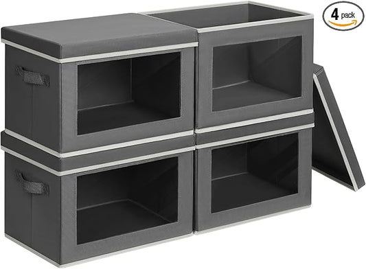 Homsorout Stackable Storage Bins with Lids - Medium Storage Box with Lids, Foldable Closet Boxes for Organizing, Wardrobe Clothes Organizer with Window, Cubes Bins for Living Room, 4 Pack, Dark Grey