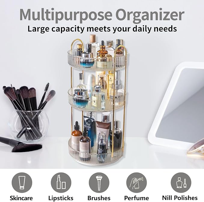 Asayuee 360 Rotating Makeup Organizer,3 Tier Large Capacity Make Up Organizers and Storage,Skincare Perfume Vanity Organizers,Bathroom Cosmetics Storage Organizer Countertop (Clear-3 Tier)