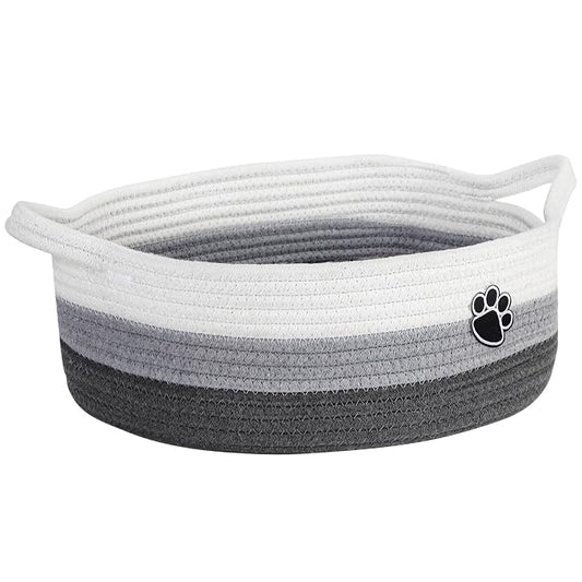 Optish Dog Toy Basket, Toy Box and Bin for Dog Cat Storage, 13.5" X 11" X 5" Small Woven Rope Basket for Baby Storage, Closet, Living Room, White & Grey
