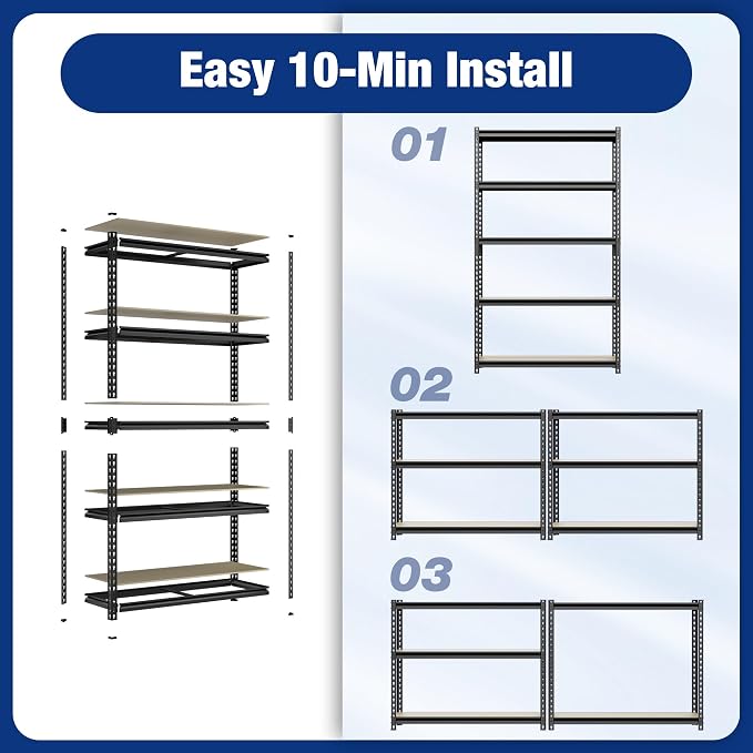 WORKPRO 5-Tier Storage Shelf, 72" H Heavy Duty Adjustable Garage Shelving Unit 2180LBS Capacity, for Basement, Kitchen, Pantry, 35.4”Wx15.7”Dx72”H, Black