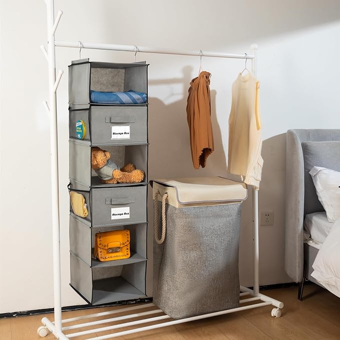 BrilliantJo 2 Pack 6 Shelves Hanging Closet Organizer with 2 Drawer, Hanging Storage with 4 Side Pockets for Clothes Shoes, 43.5"x12"x12"(Gray)