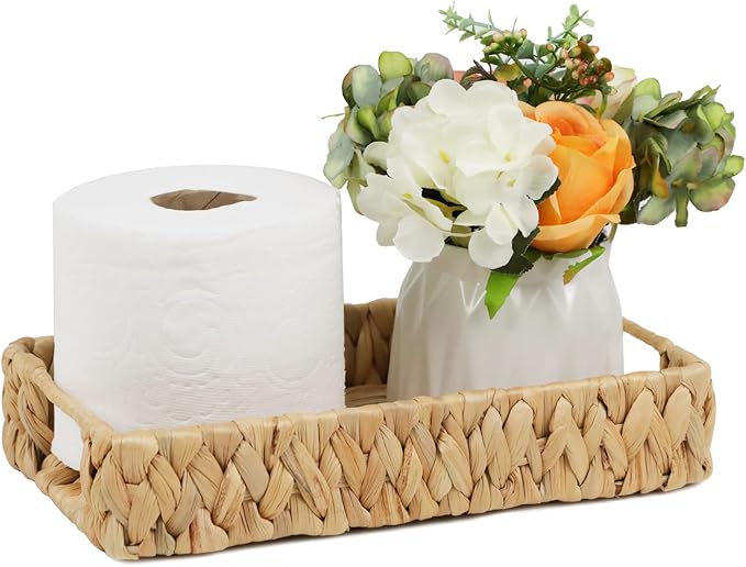 Water Hyacinth Bathroom Vanity Tray with Handle, 11 Inch | Toilet Tank Basket, Bathroom Counter Organizer, Small Wicker Tray, Toiletry Storage, Woven Decor