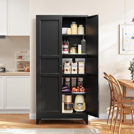 Yizosh Metal Pantry Cabinet, 75" Kitchen Pantry with 2 Door and 4 Adjustable Shelves,Black Metal Pantry Storage Cabinet,Cupboard for Kitchen,Dining Room,Living Room and Bathroom