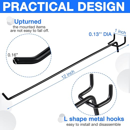 100 Pcs Peg Board Shelving Hooks Stainless Steel Hanging Board Pegs Wall Display Hooks Bulk for 1/8 1/4 Garage Storage Organizer Accessories (12 Inch,Black)