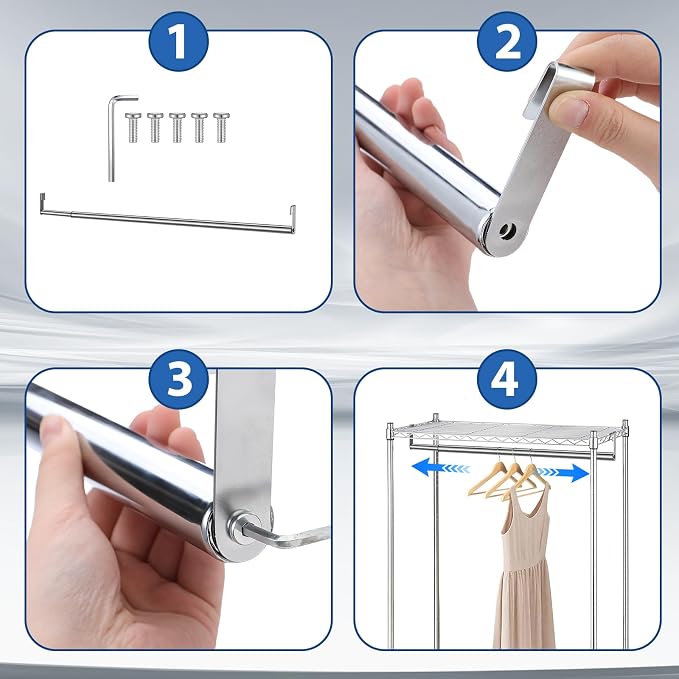 Expandable Closet Rod for Wire Shelf Hanging Clothes Adjustable Heavy Duty Closet Hanging Rod Extender Heavy Duty Hanger Bar Metal Poles for Wardrobes Hanger, 1 Pack(36-60 Inch,Silver)