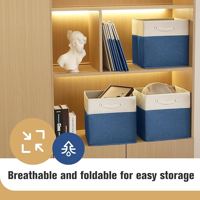FinishingBo 13x13x13 Storage Cube Bins 4 Pack, Cube Shelf Baskets | Foldable Storage Cubes, Linen Storage Bins with Handles, Closet Organizers, White/Blue