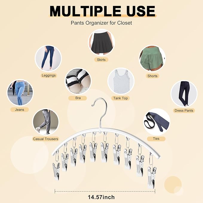 Legging Organizer for Closet, Metal Yoga Pants Hanger w/Rubber Coated 2 Pack w/10 Clips Hold 20 Leggings, Hangers Space Saving Hanging Closet Organizer for Closet Organizers and Storage-White