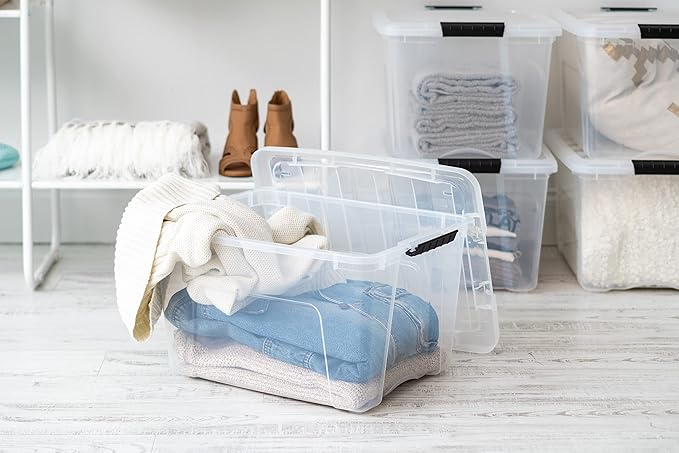 IRIS USA 6-Pack 40 Quart Storage Bins with Lids, Clear | Transparent design makes contents easy to find. Perfect for moving, blankets, clothing, and garage storage. Nestable design