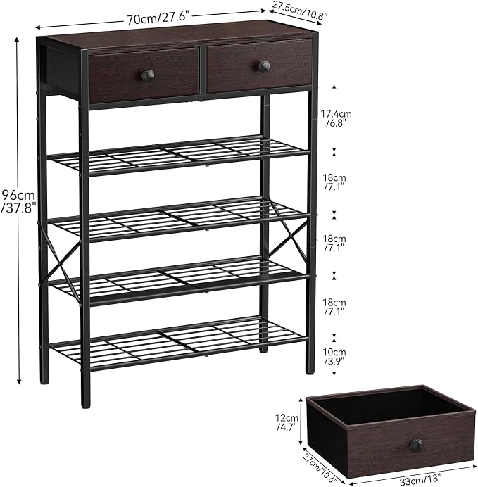 5 Tier Shoe Rack with 2 Drawers, 16-20 Pairs Dark Brown | Holds 16-20 pairs. 2 drawers for socks/keys. Removable layer for boots. Anti-tip kit included. Quick assembly.