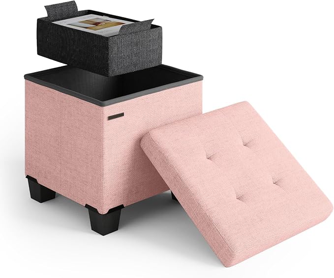Storage Ottoman Cube with Small Bin, 15-in Square Ottoman with Storage for Living Room and Bedroom, Small Ottomans Foot Rest, Fabric Foot Stools Ottomans Max 330lbs, Pink