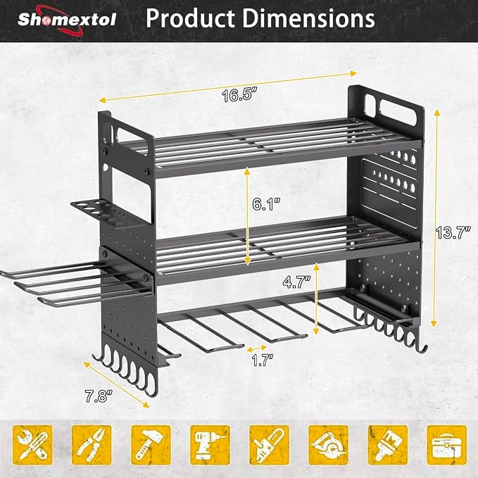 16.5" W Power Tool Organizer Wall Mount, 3-Layer,6 Drill Holders | Small Tool Storage Rack, Heavy Duty 150 lb Load Capacity for Garage Workshop, Black, Gift for Men