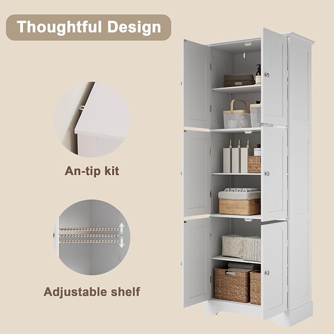 ChooChoo 63.2" Tall Bathroom Storage Cabinet with 6 Doors | Freestanding Floor Cabinet, Adjustable Shelves, Pantry Cabinet for Bathroom, Kitchen, Laundry Room, White
