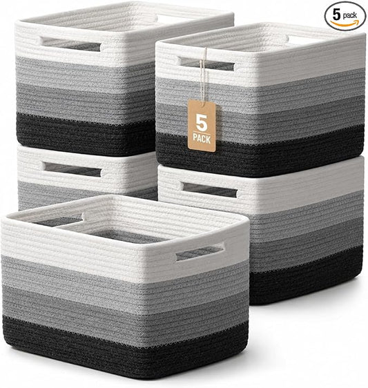 5 Pack Woven Storage Baskets for Shelves Organizing, Decorative Cotton Rope Organization Storage Bins for Socks, Book, Towel, Clothes, Closet, Nursery, Bathroom & Home Decor, Black White Ombre