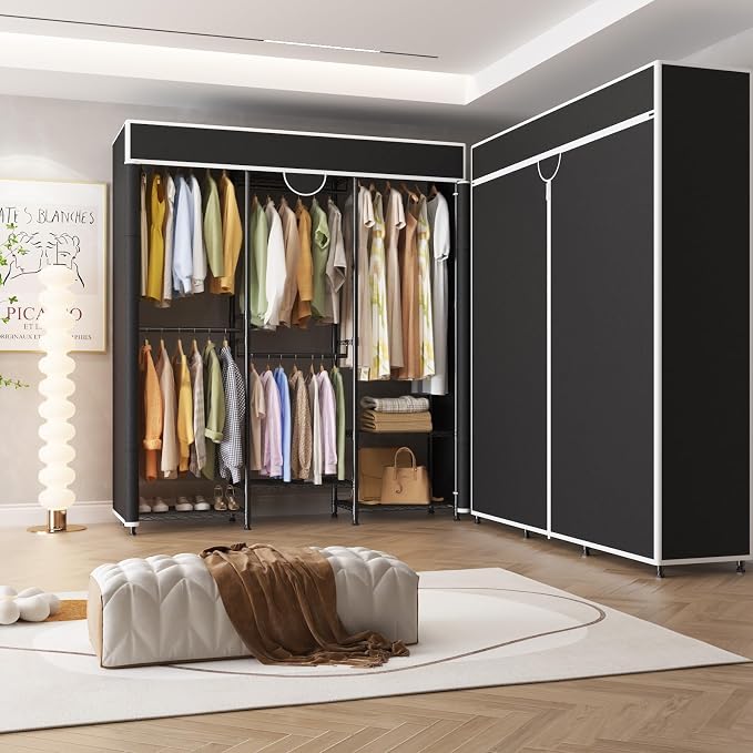 Heavy Duty Garment Rack 1100lb Load Closet Wardrobe with Cover Clothes Rack for Hanging Clothes with Adjustable 7 Shelves & 5 Hanging Rods 76" H X 73" L X 17" W Black