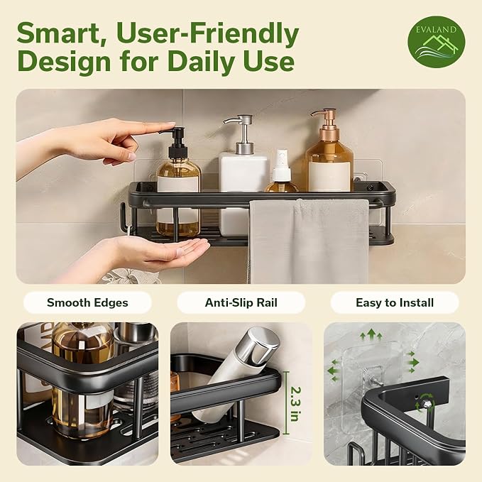 EVALAND Self Adhesive Shower Caddy Organizer 2-Pack No-Drill Storage | Hooks and Rod for Towels, Shower Shelves for Inside Shower, Bathtub Shelf, Rustproof, Rack, Easy Installation, Sturdy