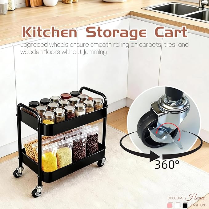 2 Tier Short Rolling Cart with Wheels for Under Desk Storage & Panrty Floor Organizer, Large Capacity Metal Kitchen Utility Cart, Sturdy Makeup Organizer for Small Space with 4 Hooks, Black