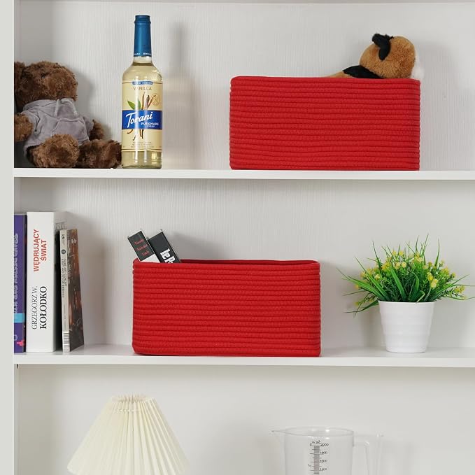 3-Pack Small Storage Baskets for Organizing | Woven Shelf Toy Basket | Rope Baskets for Gifts Empty | Closet Organizer Bins with Handles | Cube Decorative Box | 11.8×7.8×5.1” | Christmas Red
