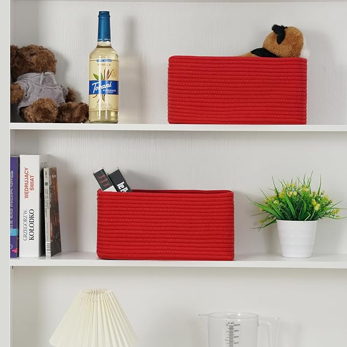 3-Pack Storage Baskets for Organizing | Woven Shelf Toy Basket | Rope Baskets for Gifts Empty | Closet Organizer Bins with Handles | Cube Decorative Box | 13.7×7.1×6.7” | Red