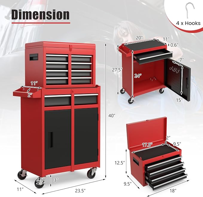 Goplus Tool Chest, 5 Drawers Rolling Tool Cabinet with Detachable Top Toolbox, Universal Lockable Wheels, Lock Bar, Protective Liner & Tool Rack, Metal Tool Storage Cart, Tool Box for Garage Workshop