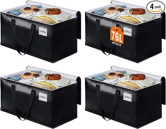 Heavy Duty Moving Bags, Extra Large Storage Bags, 76L, 4-Pack, Black | Foldable, with Zippers, Tag Pocket & Handles, Reusable, Space-saving, Water-Resistant, for moving & storage, Versatile Use