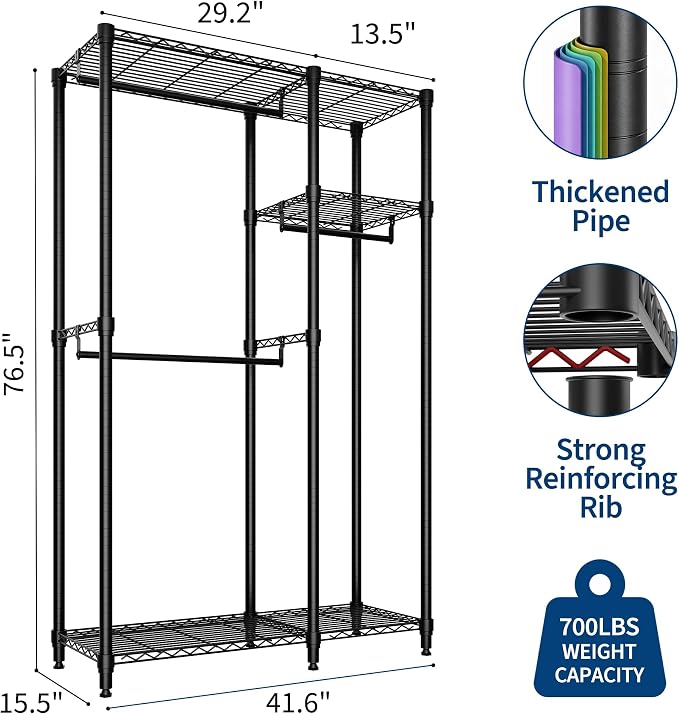 Heavy Duty Garment Rack 700LBS Load Clothes Rack for Hanging Clothes Wardrobe Closet with Adjustable Shelves & 2 Hanging Rods 43" D x 15" W × 76'' H Black