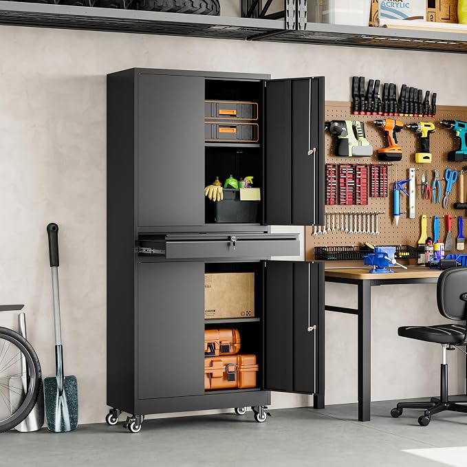 Yizosh Metal Garage Storage Cabinet with Locking Doors and Adjustable Shelves, 73" Rolling Tool Storage Cabinet with 4 Wheels and 1 Drawer for Garage,Warehouse (Black)
