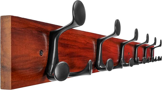 WEBI Coat Rack Wall Mount,36" Solid Wood Coat Hooks Wall Mounted Coat Hanger,16" Hole to Hole,Heavy Duty Hook Rack Rail,6 Triple Hooks for Hanging Coats,Jacket,Clothes,Hat,Backpack,Cherry