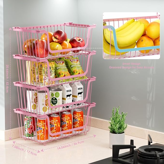 4 Pcs Stackable Wire Baskets for Pantry Organizers and Storage,pink, | Vegetable Fruit Basket for Countertop,Kitchen Storage Metal Baskets,Produce Potato Onion Storage Bin,