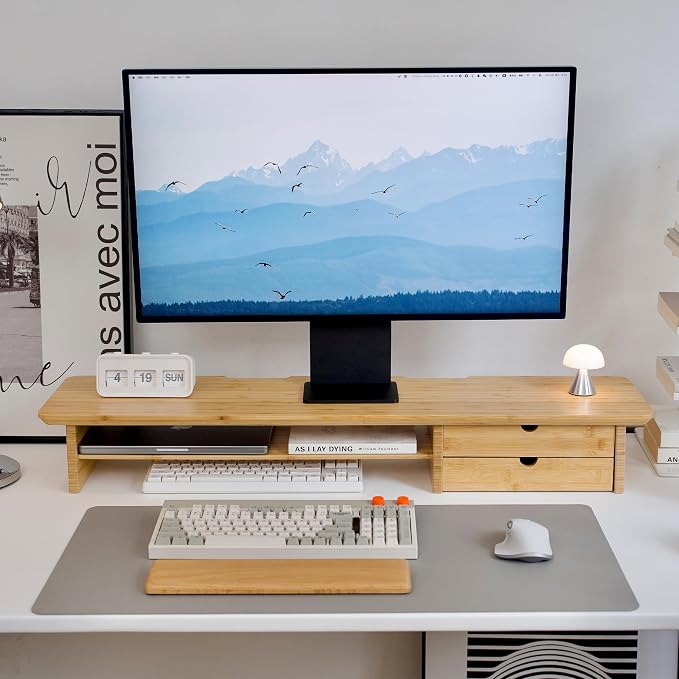 Bamboo Dual Monitor Stand, Natural Desk Shelf with Storage | 39.3 inch Monitor Riser with 2 Drawers, Desk Stand with Cable Management for Home Office, Printer, Laptop