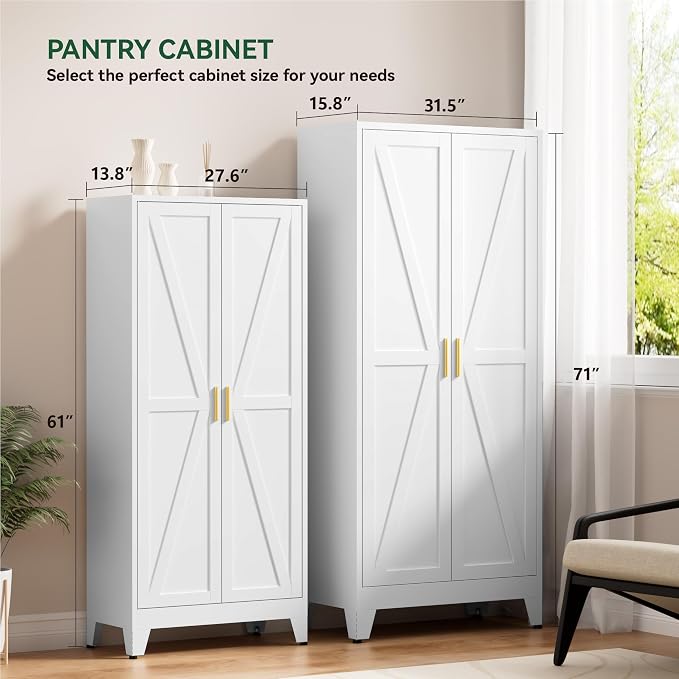 Kitchen Pantry Cabinet with Barn Doors,61" H x 27.5" W,Metal Farmhouse Storage Cabinet with Adjustable Shelves,4-Tier Storage Cabinet for Kitchen Dining Room Garage Office,White 1 Pack