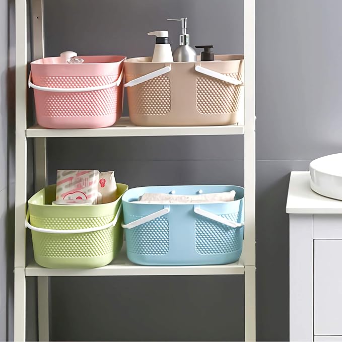 rejomiik Portable Plastic Shower Caddy Basket Organizer with Handles, Pink | Large Capacity Storage Tote for Bathroom, College Dorm Essentials, Bath Toy Storage, Kitchen