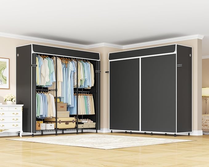 E14C Heavy Duty Closet Organizer System，Freestanding Clothing Racks for Hanging Clothes，Adjustable Garment Rack 58" W × 16" D × 77" H Hold 860 lbs，Black Rack with Black Dustproof Cover