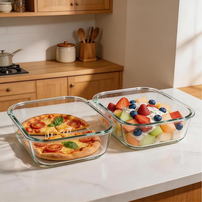 Liuruiyu 2 Pack 2260ml/76.4oz Glass Food Storage Containers with Lids, Meal Prep Containers, Airtight Bento Boxes with Leak Proof Locking for Microwave, Oven, Freezer and Dishwasher, BPA Free