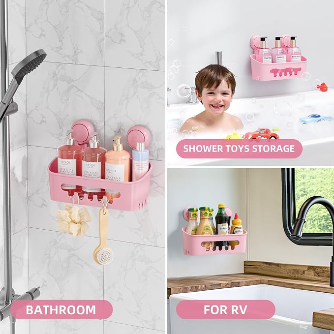 LEVERLOC Shower Caddy Suction Cup,Shower Organizer Bathroom Shelf, Pink