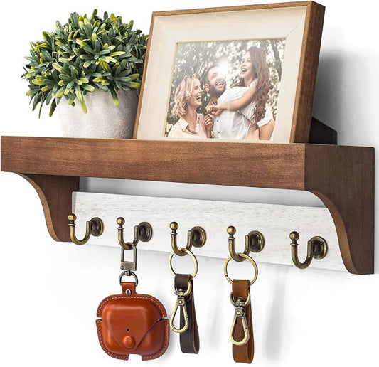 Rebee Vision Key Holder Wall Mount with Shelf for Entryway, Brown & White | 5 Retro Hooks, Two-Tone Rustic Decor, Primitive Wood Mail Organizer, Key Holder for Wall, Decorative Home Accent