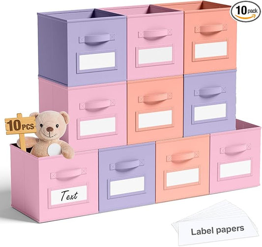 Teenyyou 10 Pack Fabric Storage Cubes 11 Inch Collapsible Cube Bins with Label Window & Handle Foldable Organizers Baskets for Shelf Closet Nursery Kids Room Clothes Book Toy(Gentle Pink Purple)