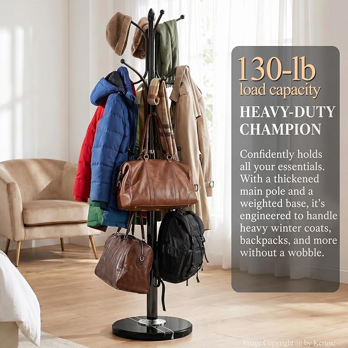 Kertnic Freestanding Coat Rack Stand, Heavy Duty Metal Hall Tree with 12 Hooks, 70 Inch Tall Stable Coat Hanger with 14.6" Natural Marble Base, Entryway Organizer for Coats Bags Hats Purses (Black)