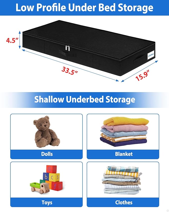4.5-In Low Profile Under Bed Storage, Rigid Support, 2 Pack, Black | Thin Clothes Storage, Rigid Sides & Bottom, Zipped Lid, Reinforced Handles, Limited Clearance, Couches, Cribs, Dorm Beds