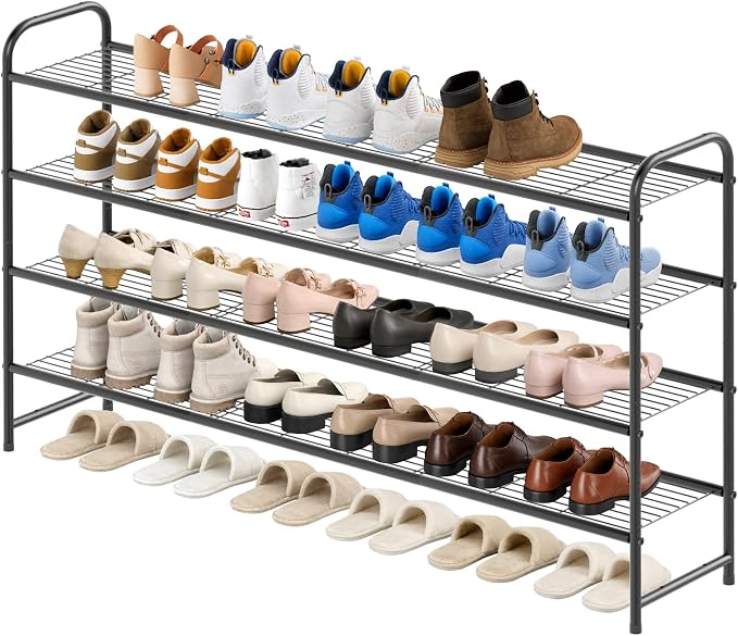 KEETDY 4-Tier Long Shoe Rack for Closet Metal Shoe Organizer for Entryway, Wide Stackable Shoe Storage Shelf with Sturdy Wire Grid for Closet Floor, Bedroom, Black